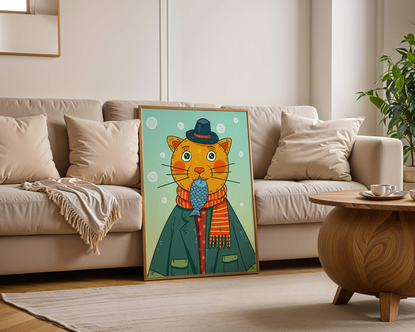 Whimsical cat dressed in colorful winter attire