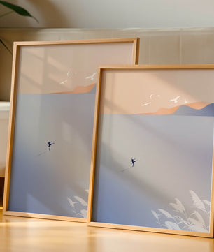 Serene Seaside with Dancer and Birds in Pastel Colors