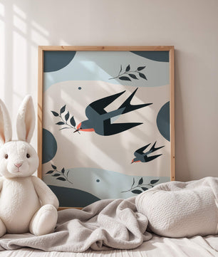Ilustración abstracta de golondrinas con hojas y formas geométricas