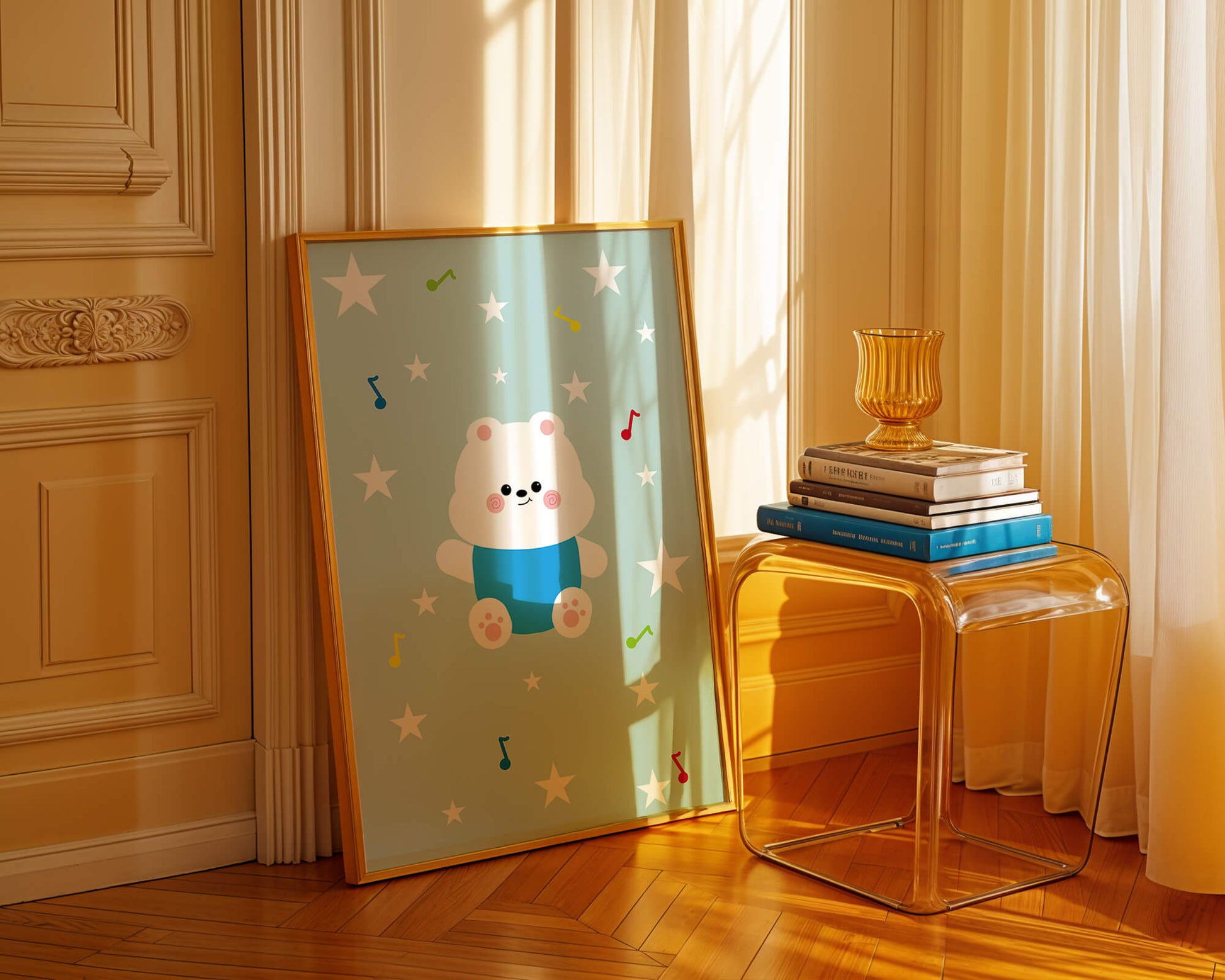 Playful bear illustration with musical notes and stars