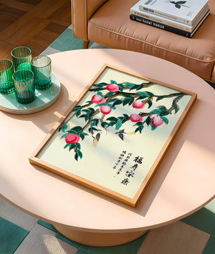 Delicate illustration of peach tree with birds and calligraphy
