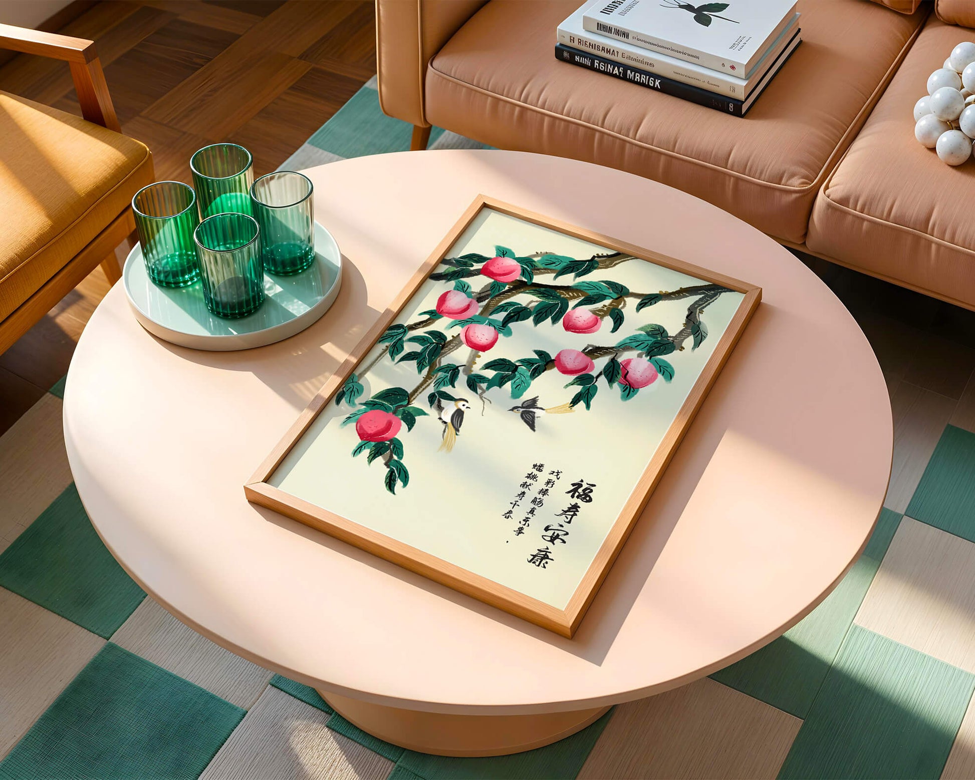 Delicate illustration of peach tree with birds and calligraphy