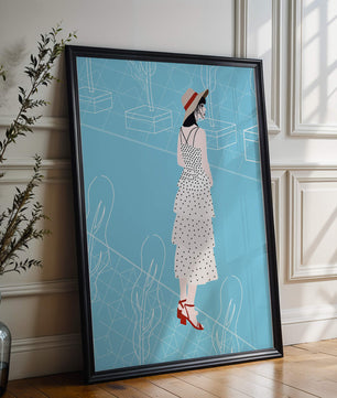 Stylish woman in polka dot dress with hat in modern abstract scene