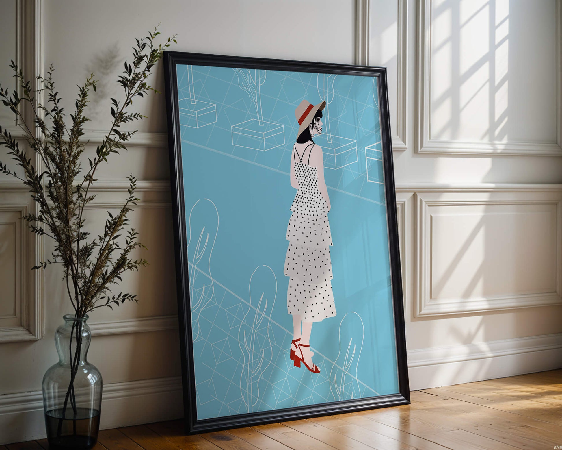 Stylish woman in polka dot dress with hat in modern abstract scene