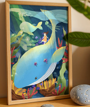 Fantasievolle Unterwasserszene mit einem Mädchen auf einem Wal und farbenfrohem Meeresleben