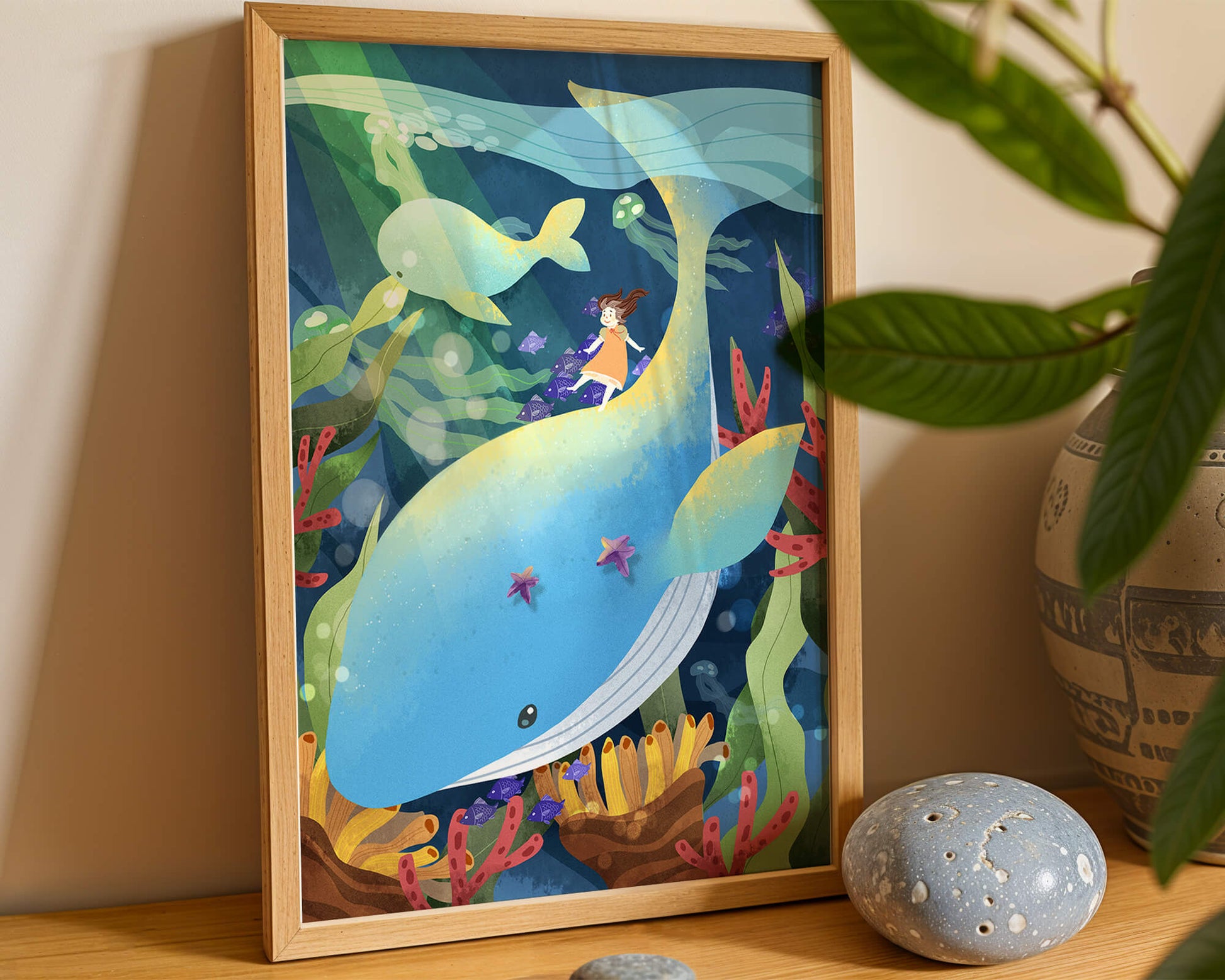 Fantasievolle Unterwasserszene mit einem Mädchen auf einem Wal und farbenfrohem Meeresleben