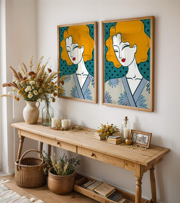 Stylized portrait of a woman with orange hair and floral kimono
