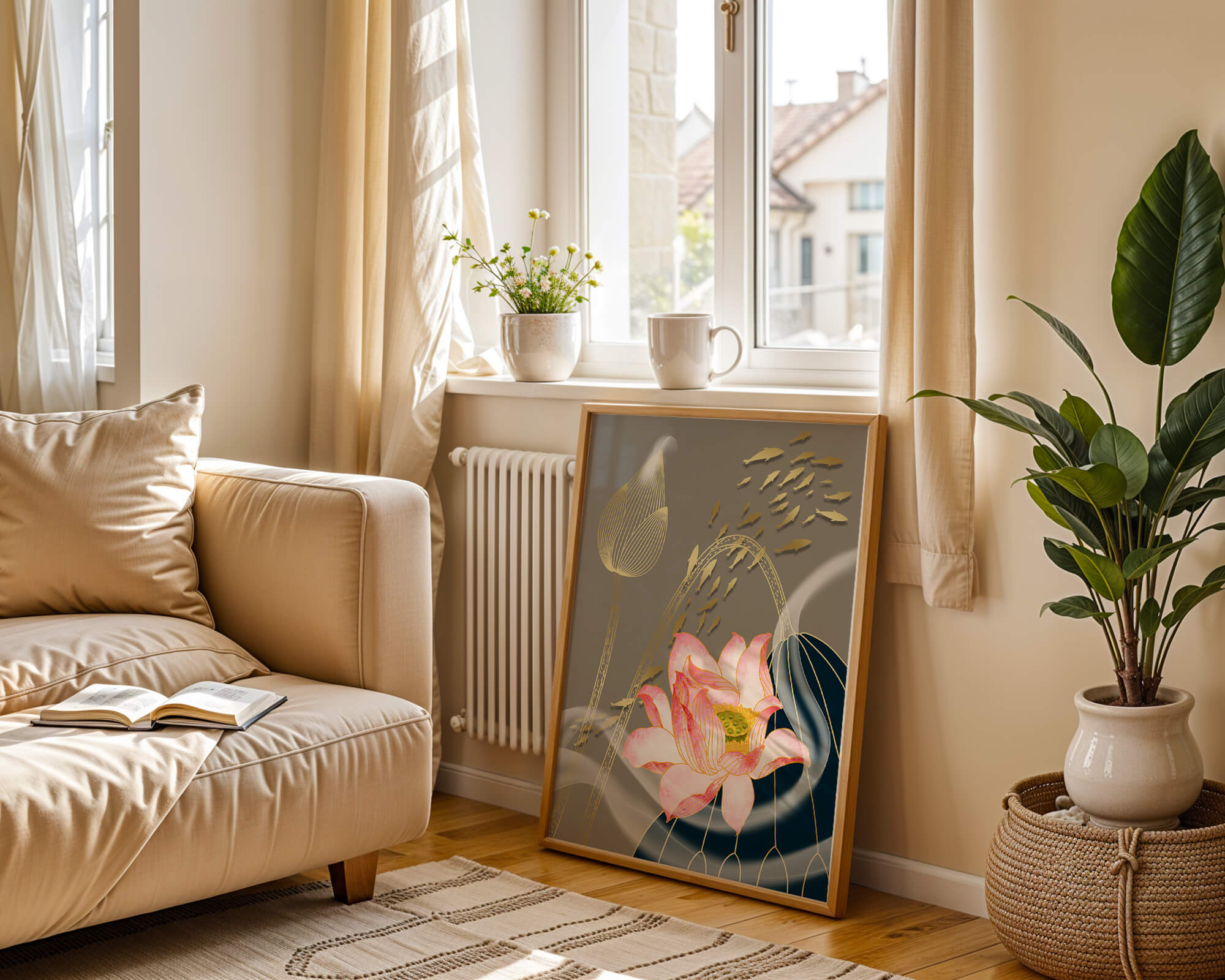 Elegant floral design with blooming lotus and golden fish accents