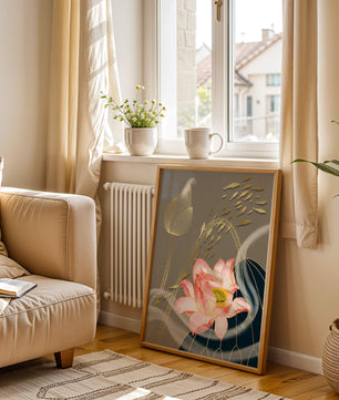 Elegant floral design with blooming lotus and golden fish accents