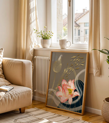 Elegant floral design with blooming lotus and golden fish accents
