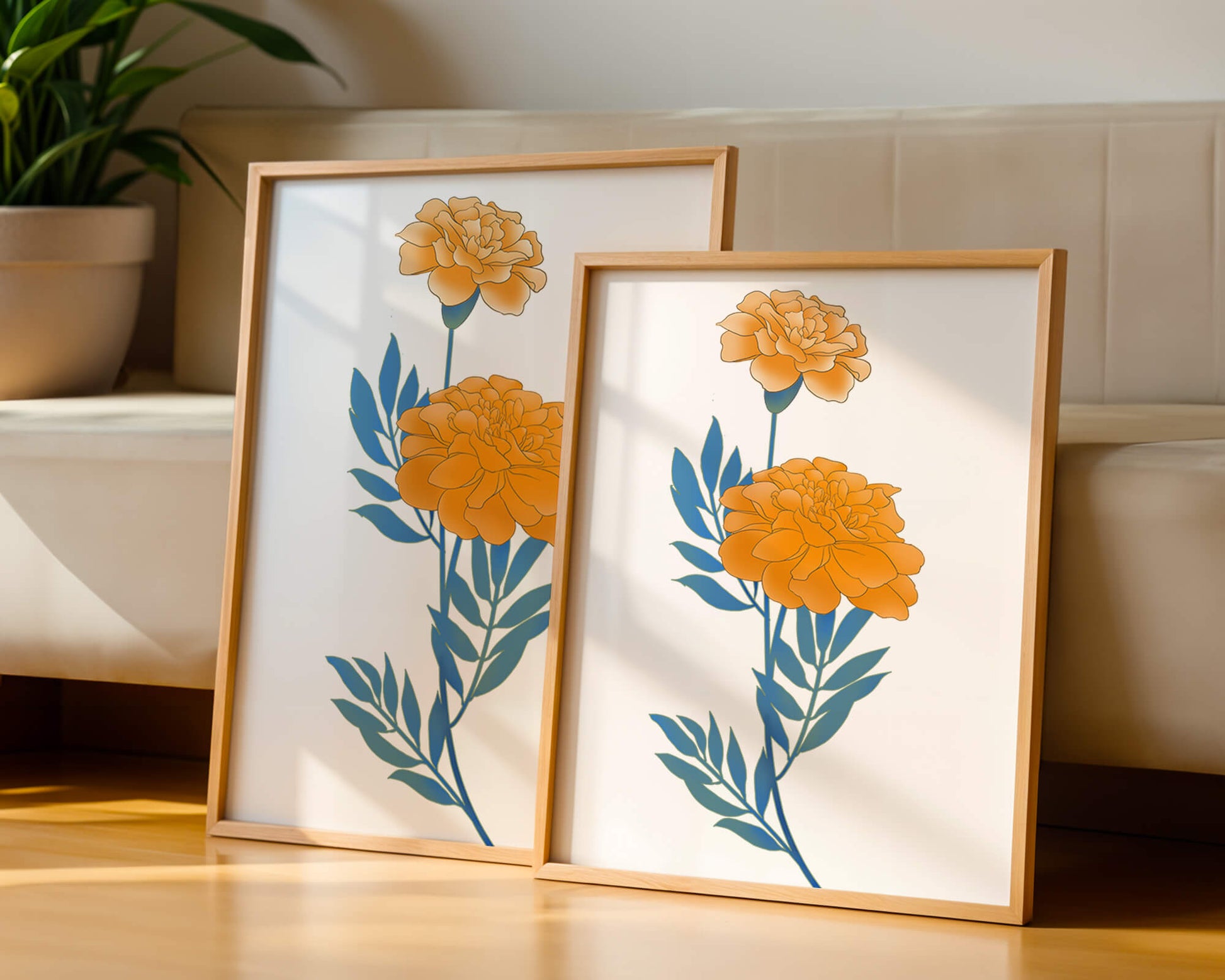 Elegante Illustration lebendiger Ringelblumen auf grünem Hintergrund