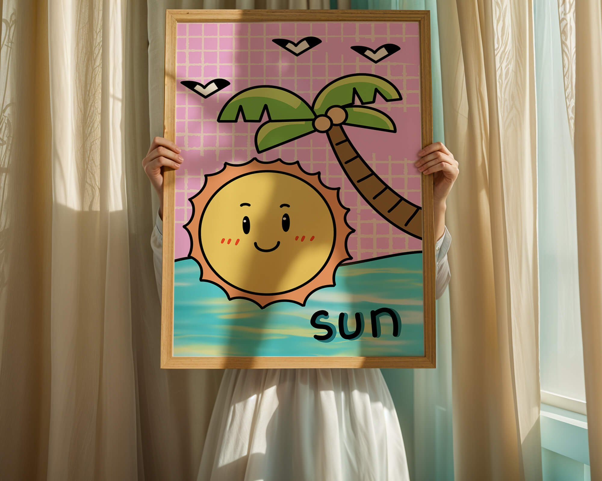 Cartoon sun with palm tree and ocean scene