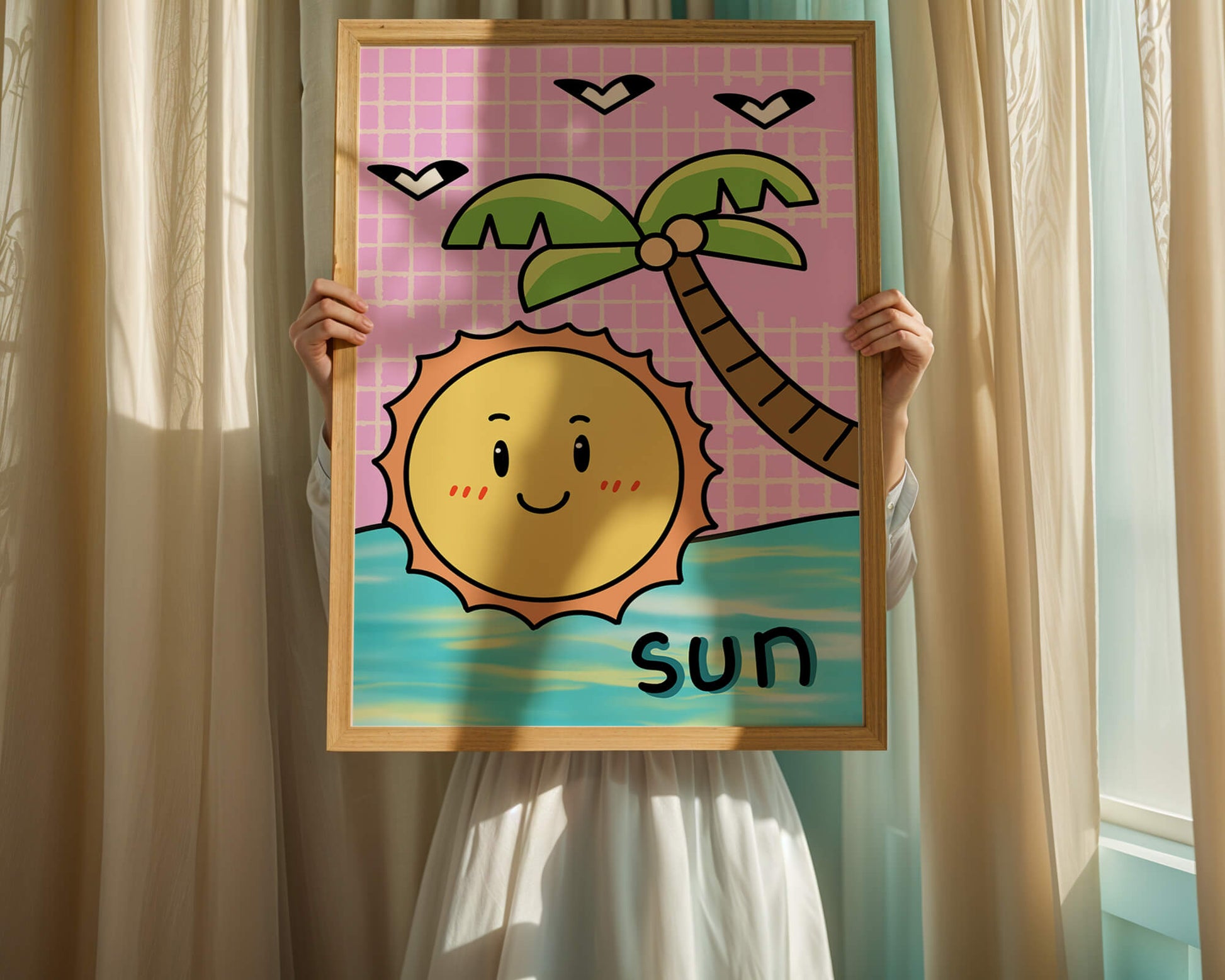 Cartoon sun with palm tree and ocean scene