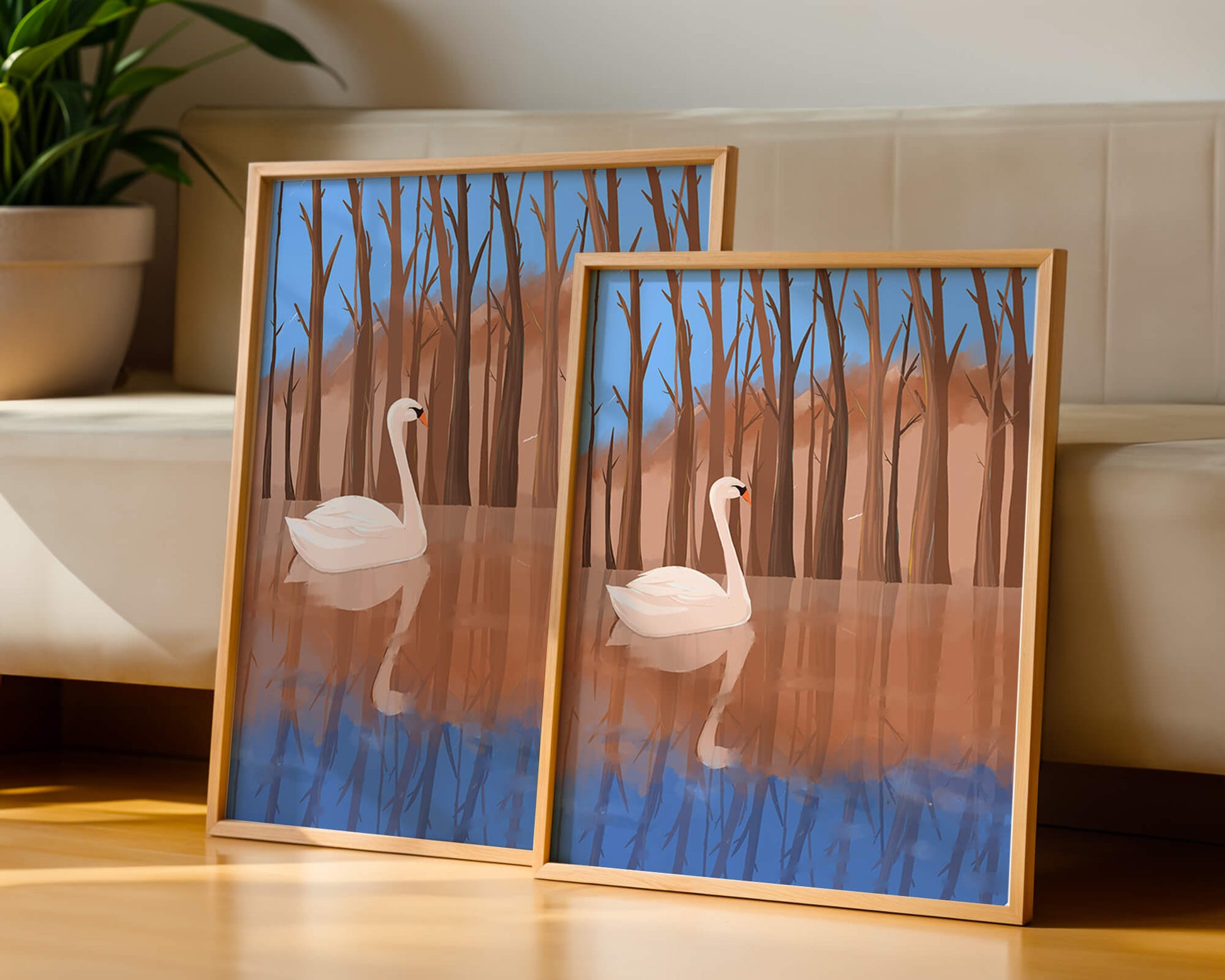 Serene swan on calm water with reflections of trees