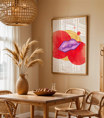 Vibrant Abstract Artwork Featuring Purple Lips on Watercolor Background