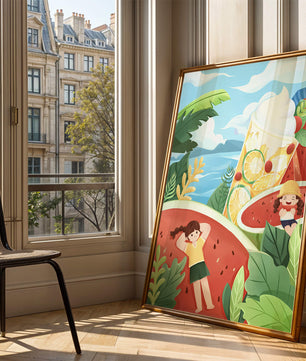 Paysage estival coloré avec des fruits tropicaux et des enfants qui se détendent