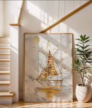 Elegant sailboat with gold elements against a textured sky