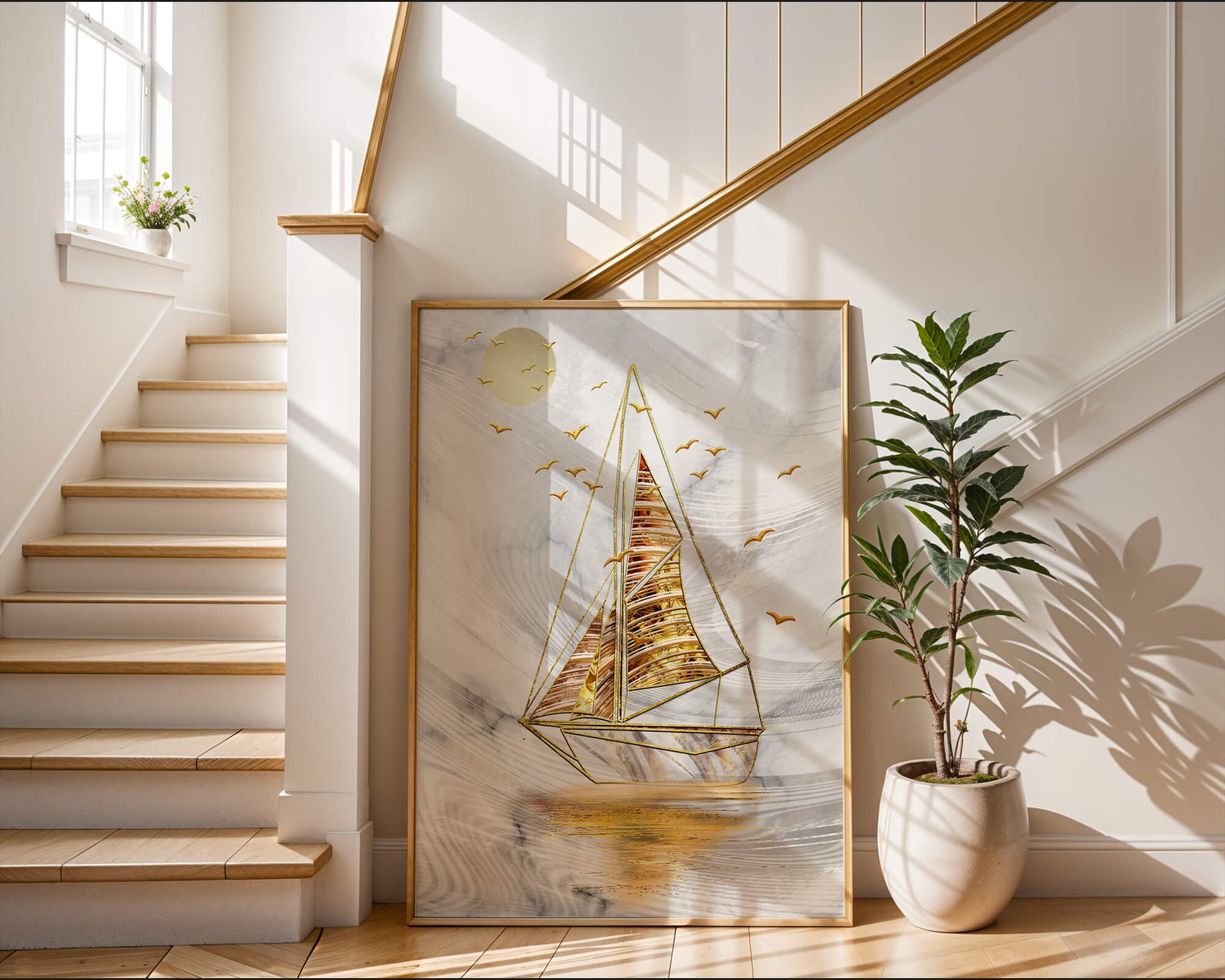 Elegant sailboat with gold elements against a textured sky