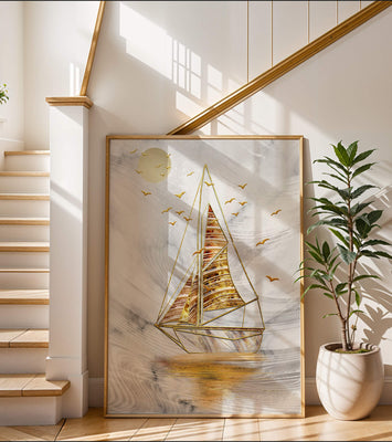 Elegant sailboat with gold elements against a textured sky