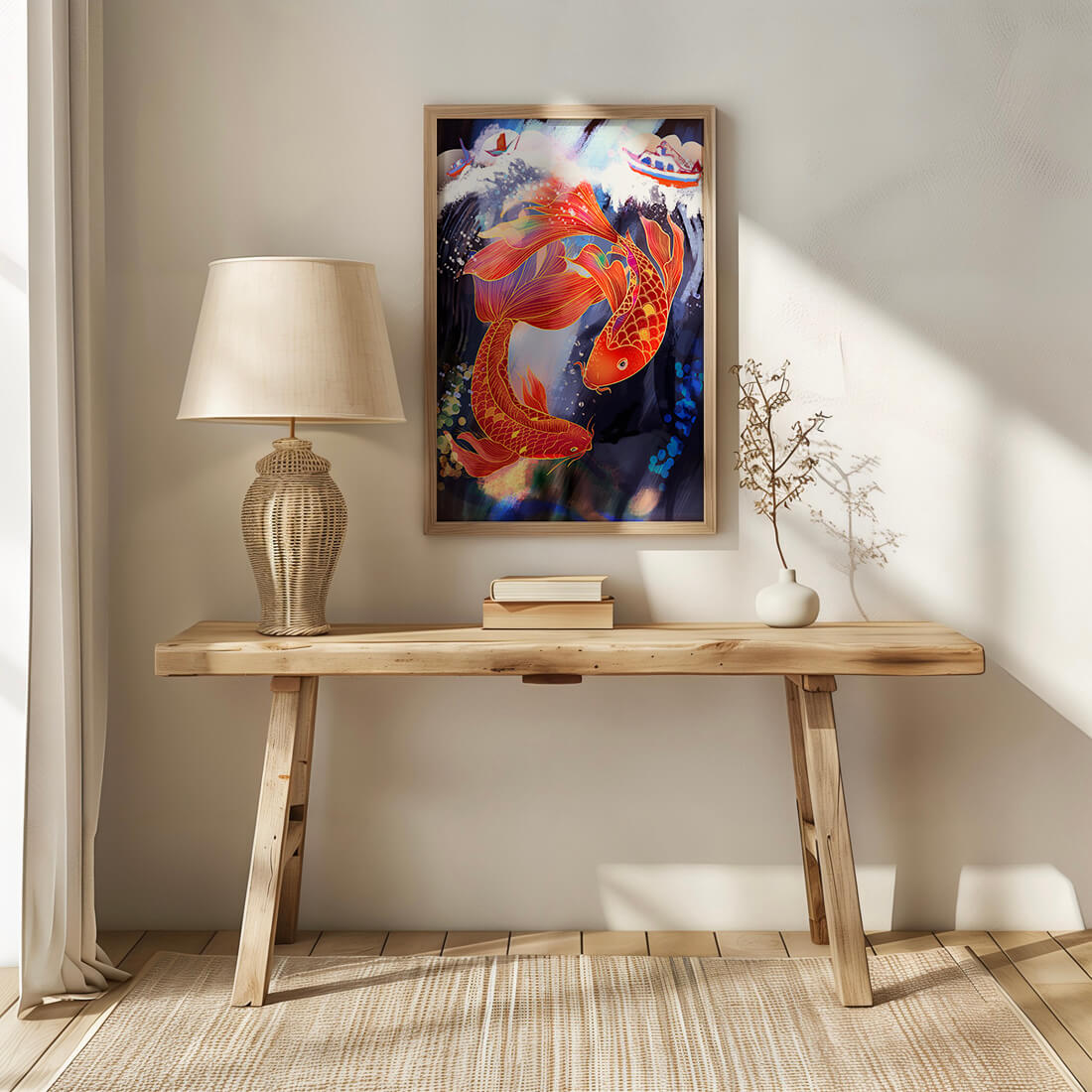 Representación artística de peces koi nadando con barcos en colores vibrantes.