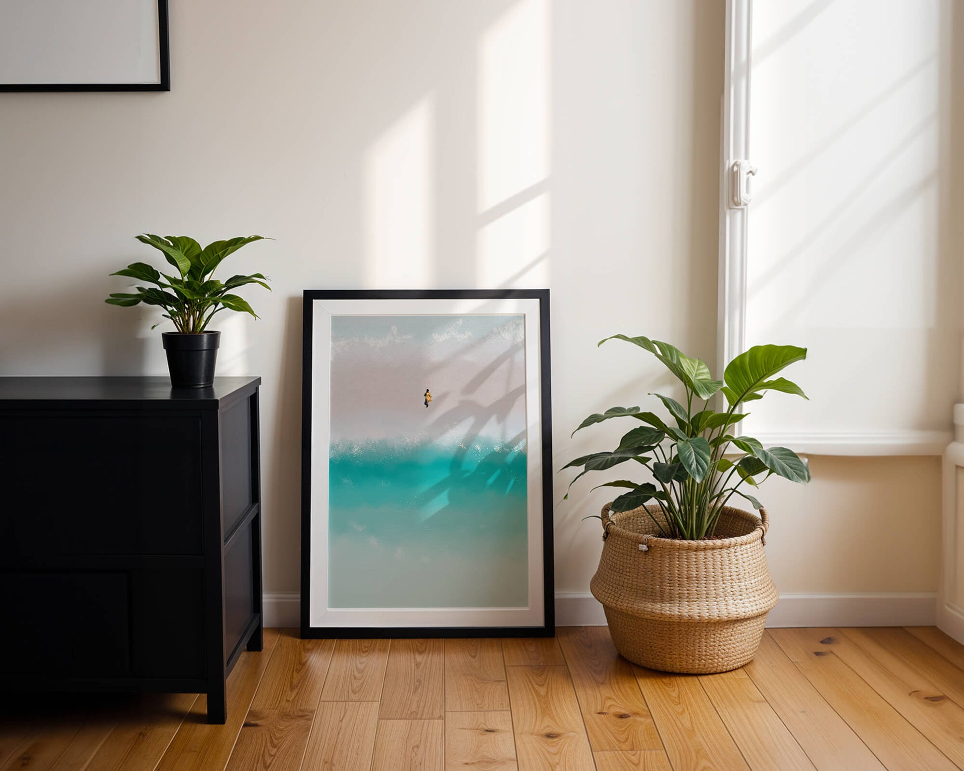 Serene beach with turquoise waves and solitary figure