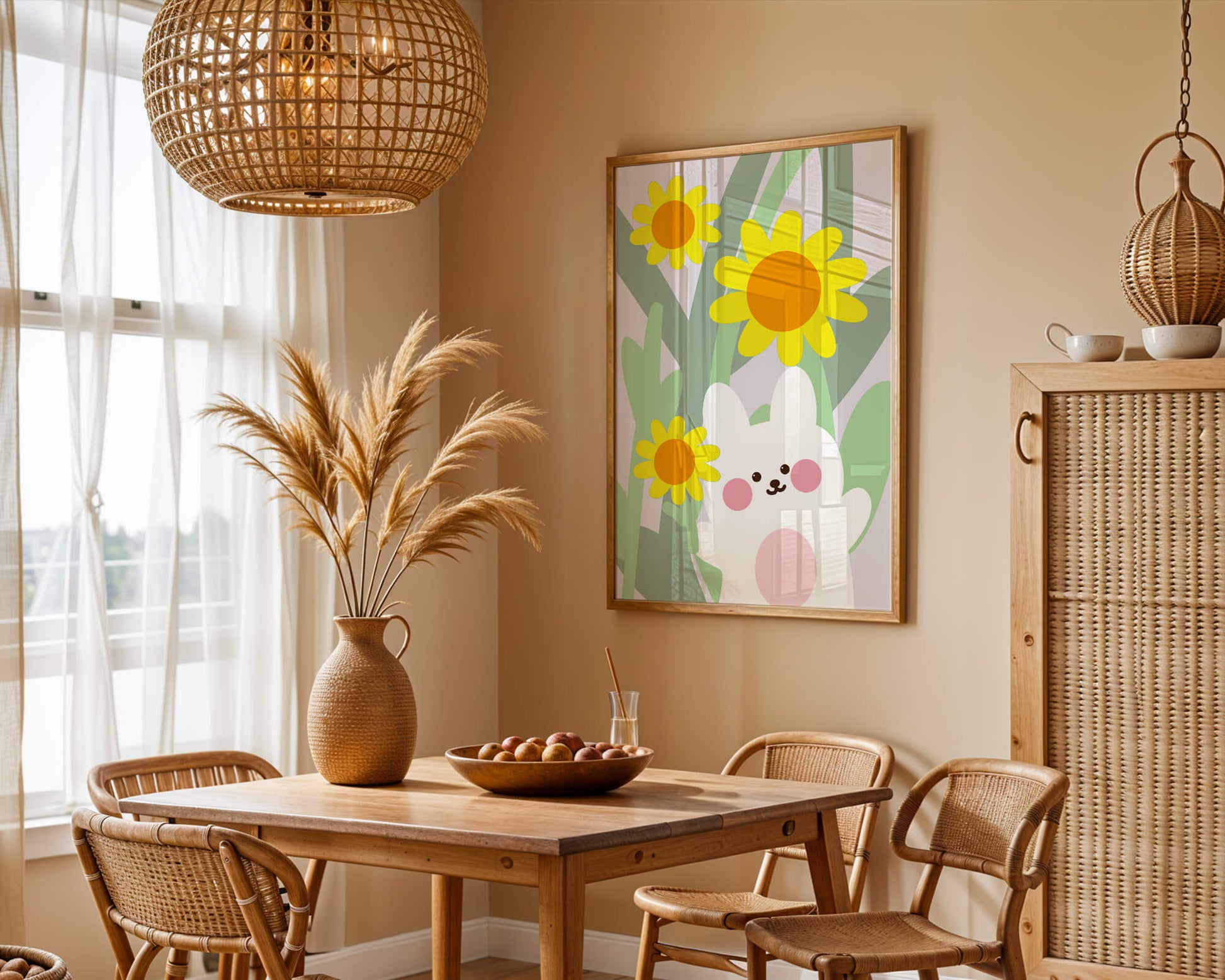 Adorable bunny with vibrant flowers cartoon illustration