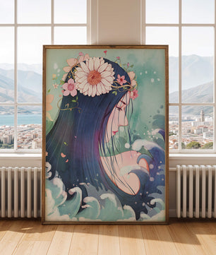 Illustration of a serene woman with floral crown and ocean waves