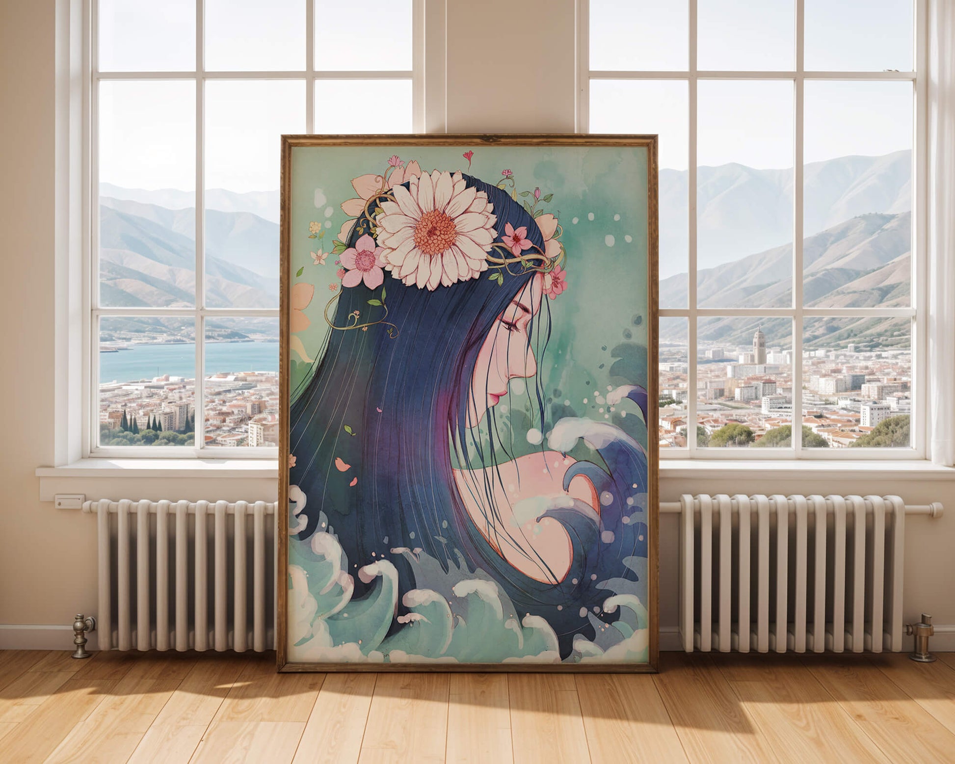 Illustration of a serene woman with floral crown and ocean waves