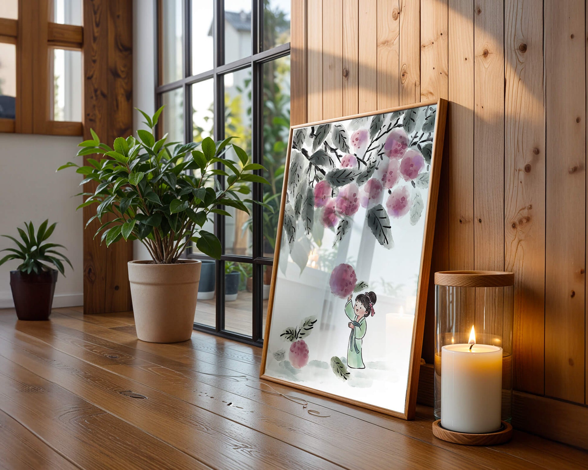 Ilustración encantadora de un niño con ropa tradicional, bayas vibrantes y hojas exuberantes