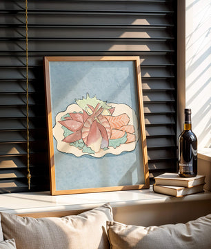 Illustration of seafood platter with shrimp and salmon on a decorative plate