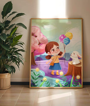 Charming Landscape with Girl Holding Balloons and White Bunny in Enchanted Forest