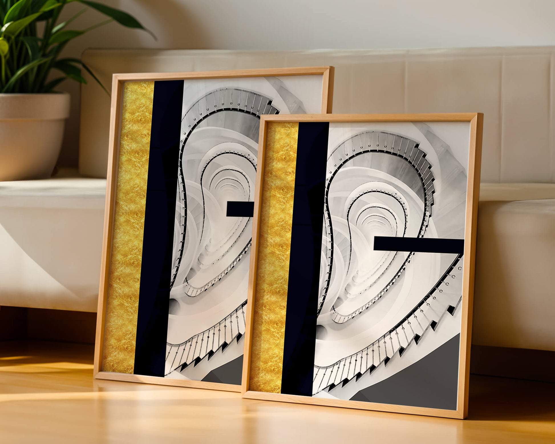 Abstract spiral staircase with a gold accent design