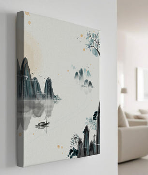 Serene watercolor landscape with mountains and river