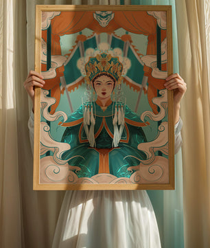 Illustration élégante d'une princesse orientale avec une tenue royale et des éléments mythiques