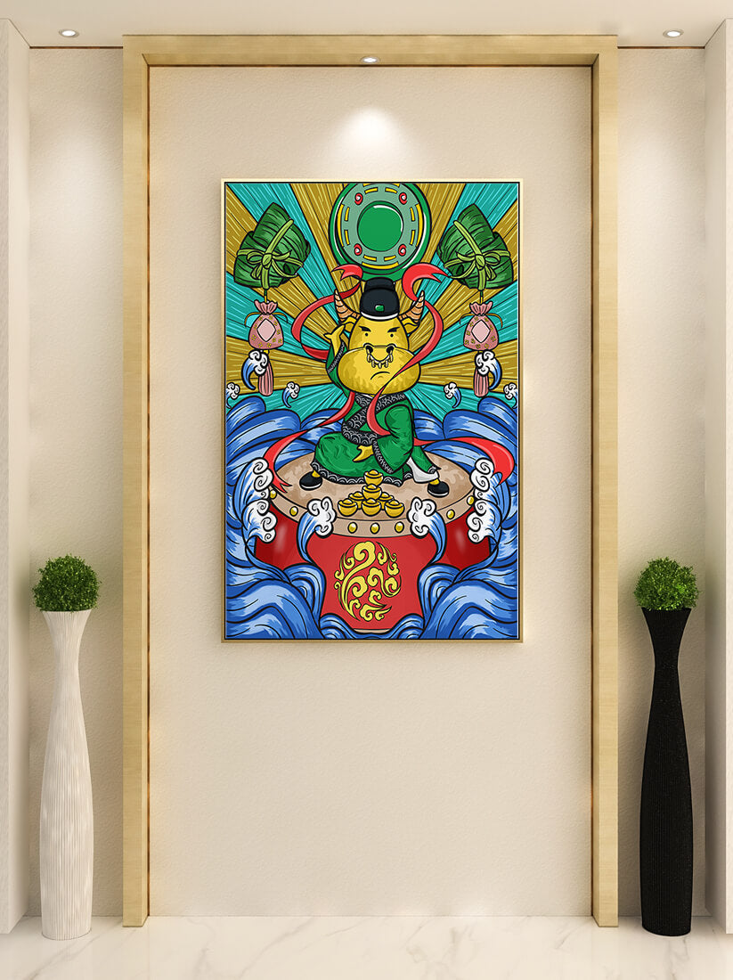 Colorful illustration of a mythical creature with traditional elements and vibrant colors