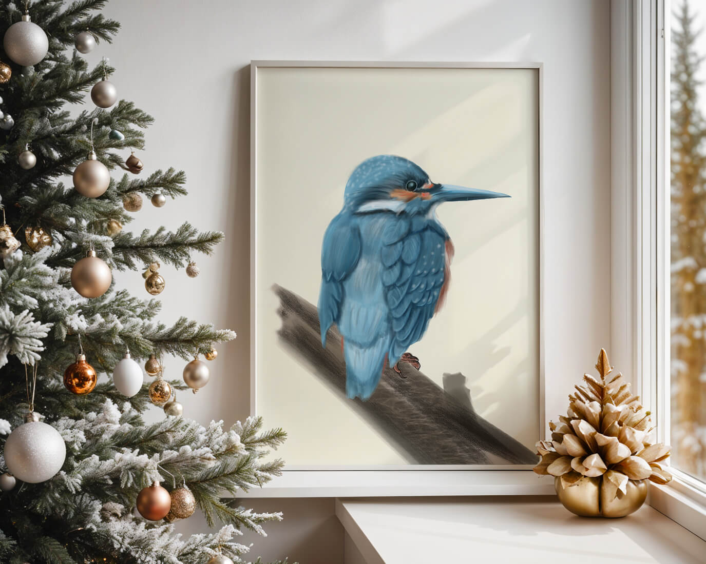 Illustration of a vibrant blue bird on a branch