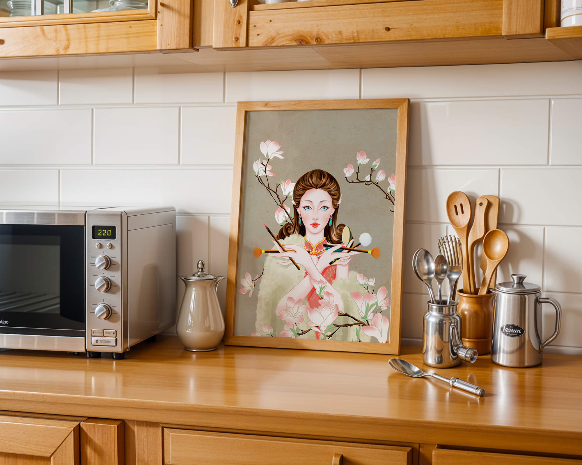 Elegant woman with makeup tools amidst blooming magnolia branches
