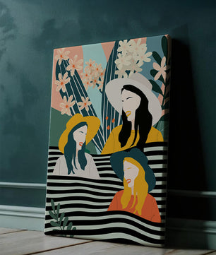 Illustration abstraite colorée de trois femmes avec des éléments floraux et botaniques
