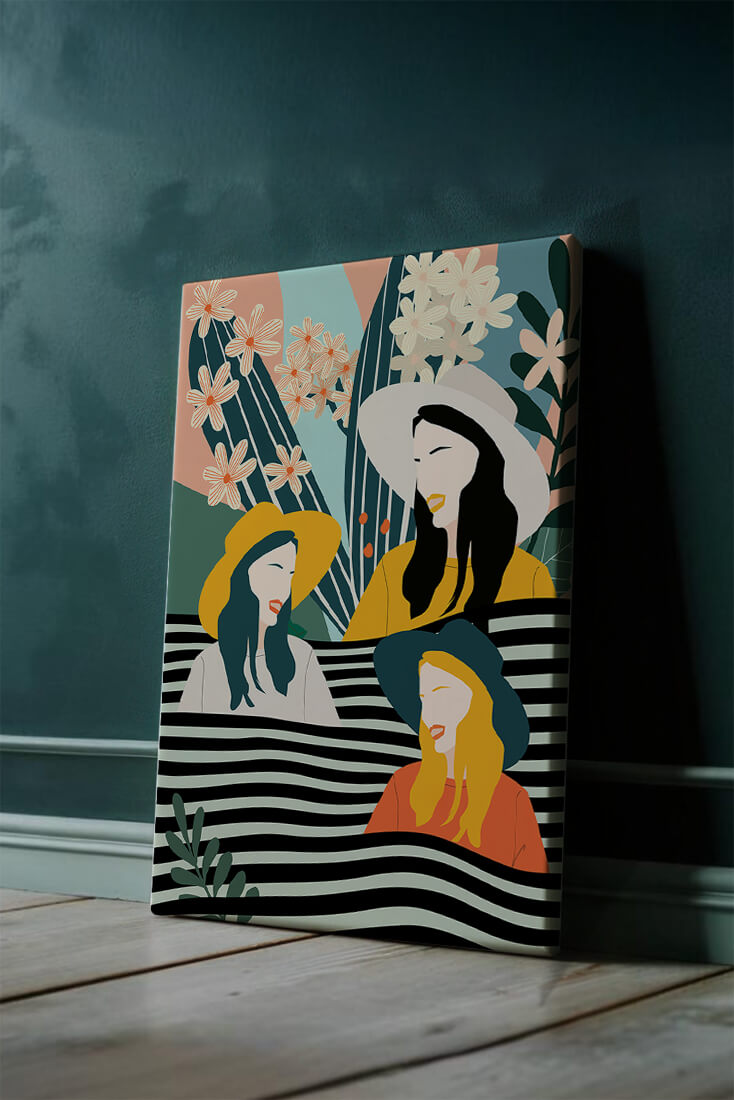 Illustration abstraite colorée de trois femmes avec des éléments floraux et botaniques