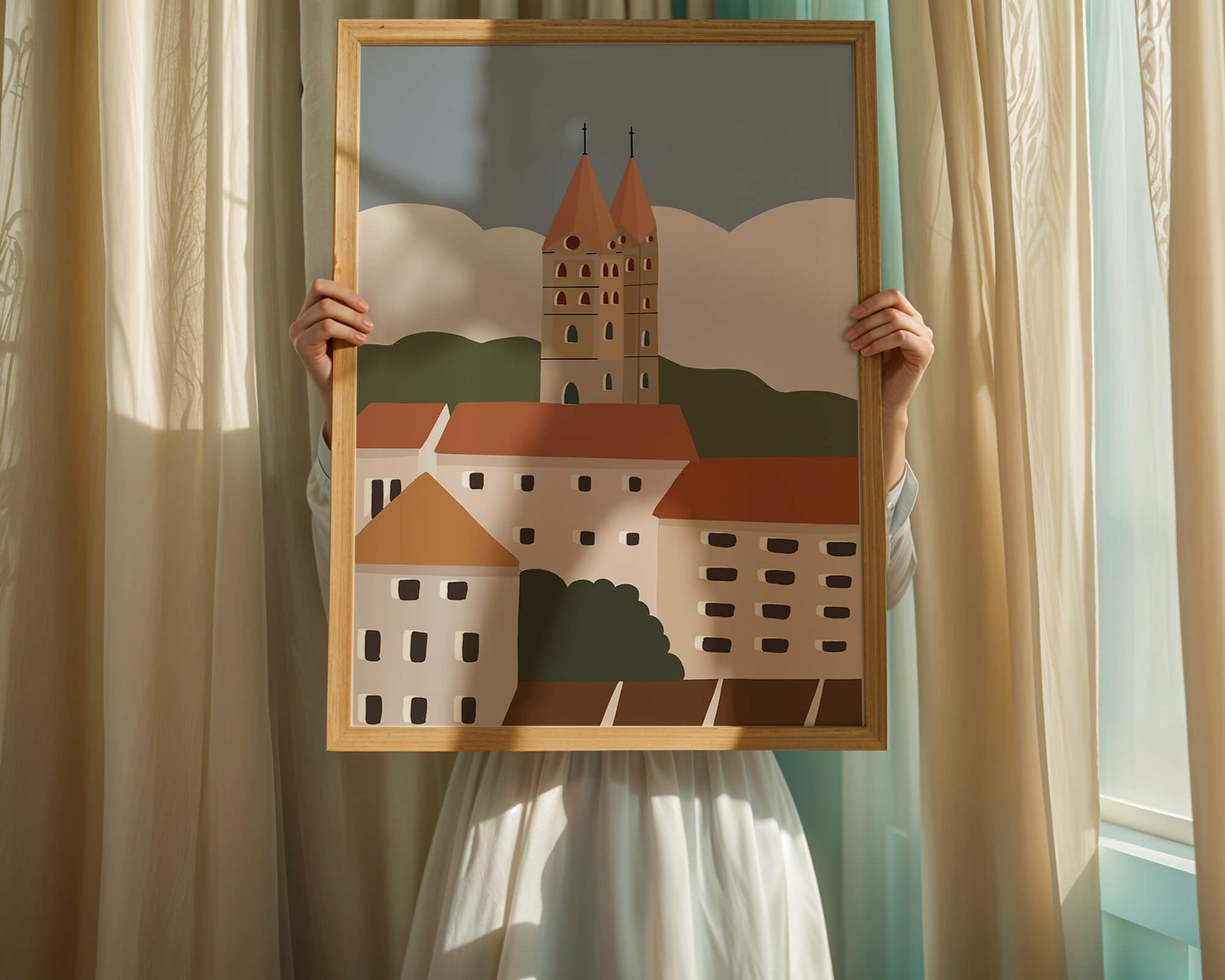 Charming European Cityscape with Church Towers and Colorful Buildings