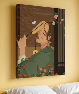 Serene woman with fan surrounded by flowers
