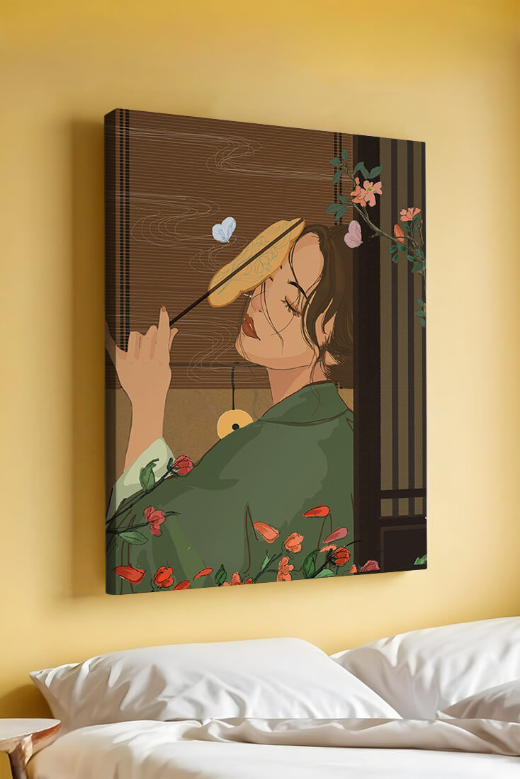 Serene woman with fan surrounded by flowers