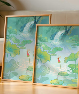 Serene pond scene with lotus leaves and waterfall