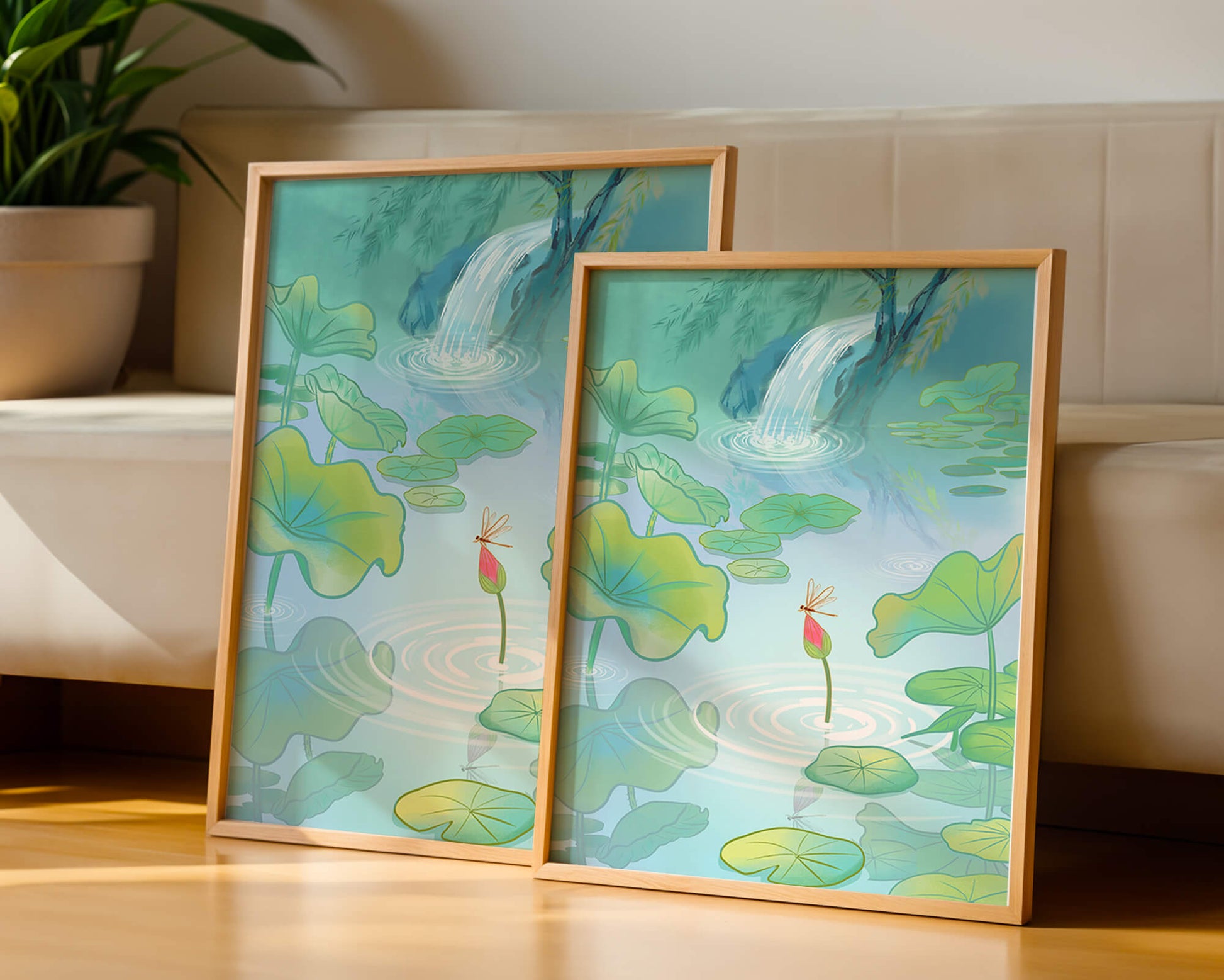 Serene pond scene with lotus leaves and waterfall