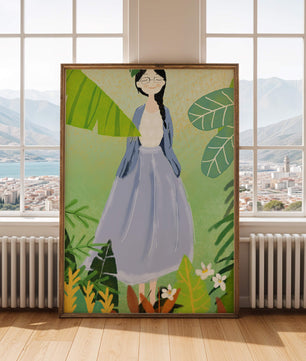 Serene illustration of a woman in nature with tropical leaves