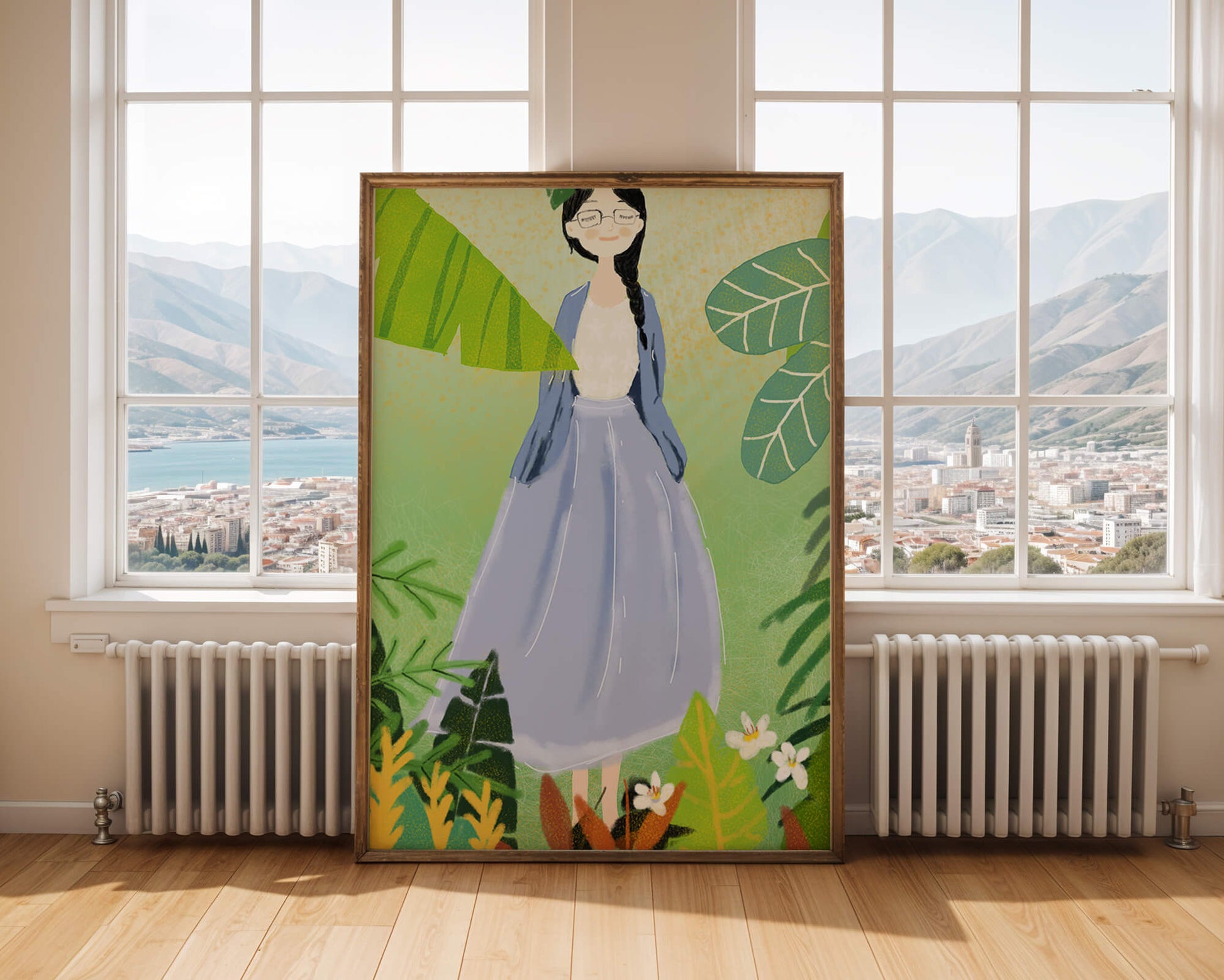 Serene illustration of a woman in nature with tropical leaves