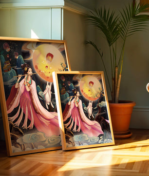 Traditional Asian Art with Flute Player and Moon Rabbit
