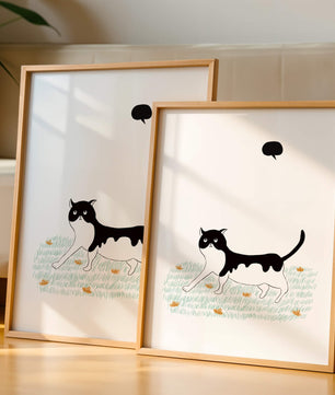 Whimsical cat illustration in field of flowers