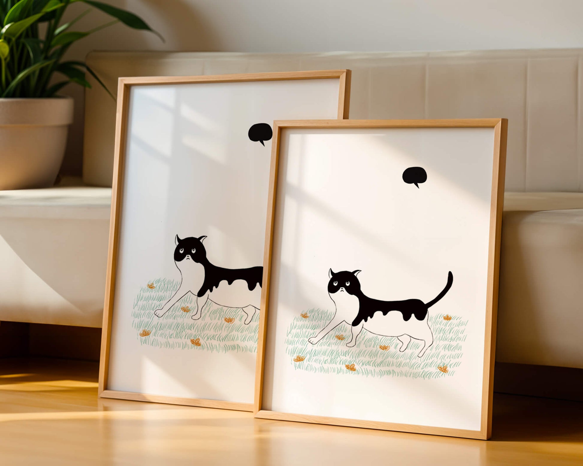 Whimsical cat illustration in field of flowers