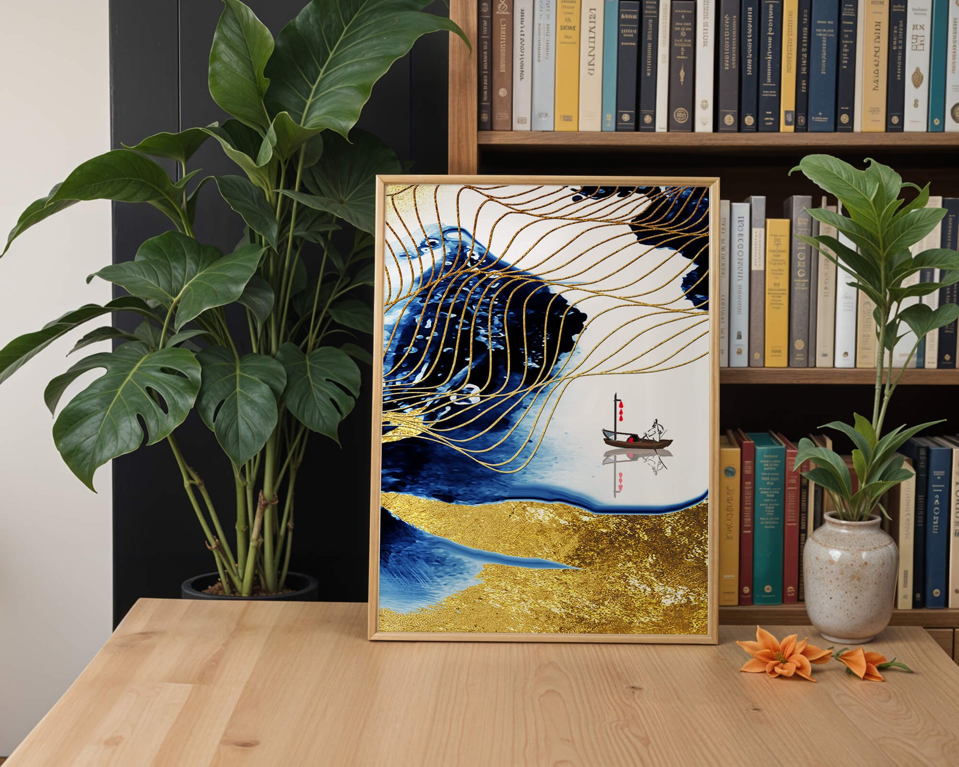 Paisaje abstracto con olas doradas y un barco solitario sobre fondo azul y blanco.